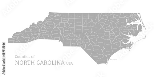 Highly detailed gray map of North Carolina with county lines, US state. Editable administrative map of North Carolina with territory borders and counties names labeled realistic vector illustration