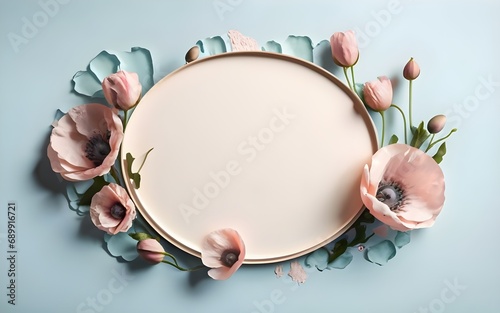 abstract Vintage white frame with pink poppies cloud shapes on a light blue background. minimal composition of the border. Generative AI , photo, ai floral 3d frame, ai floral frame, ai generative