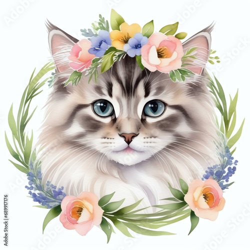 Watercolor Portrait of Cat with Colorful Pastel Flower Decorations