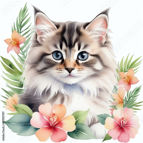 Watercolor Siberian Kitten Amidst Tropical Blooms