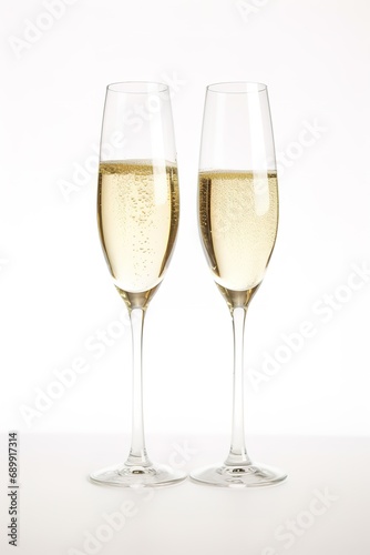 A glass of champagne with bubbles rising to the top, white background.