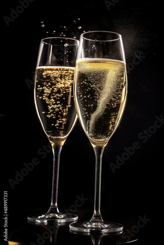 A glass of champagne with bubbles rising to the top, black background.