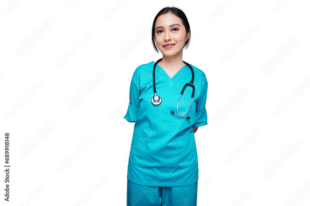 Beautiful young female nurse with hands behind pose isolated transparent Beautiful young female nurse with hands behind pose isolated transparent