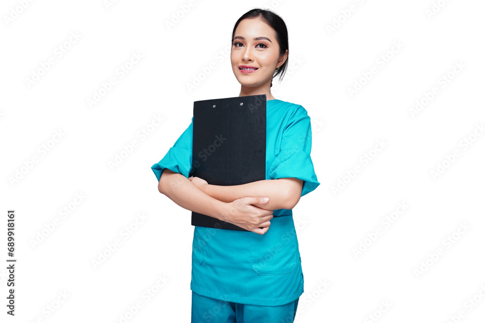 Beautiful nursing student clutching a black folder isolated transparent Beautiful nursing student clutching a black folder isolated transparent