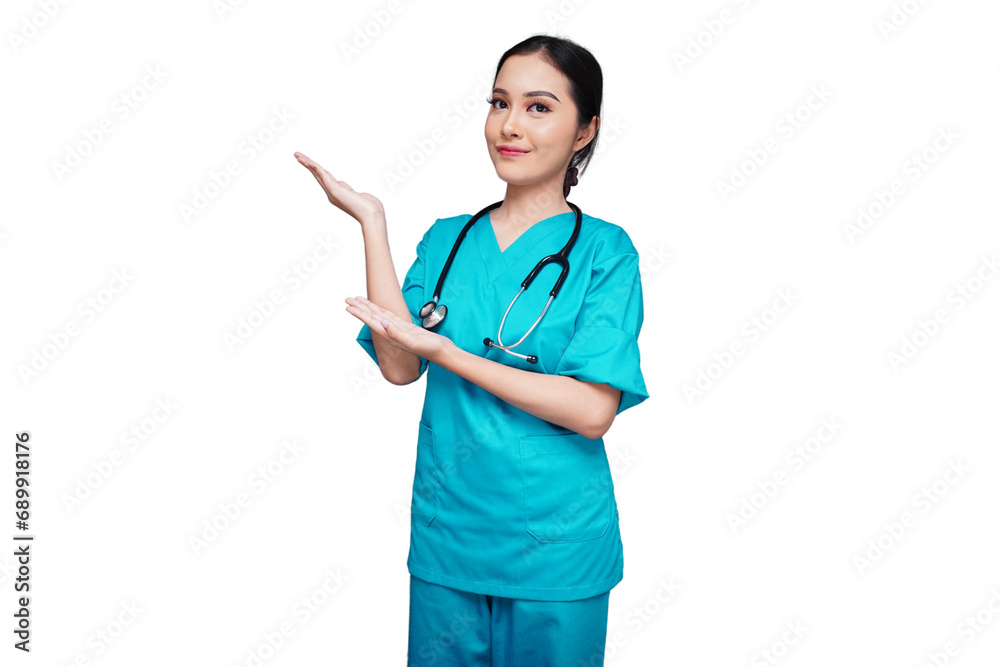 Beautiful medical worker presenting something on the side isolated transparent Beautiful medical worker presenting something on the side isolated transparent