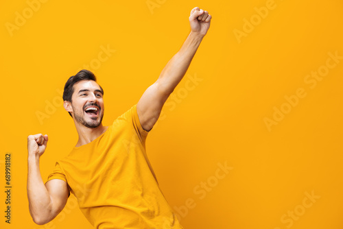 Trendy man background smiling laughing space style portrait lifestyle gesture fashion copy studio