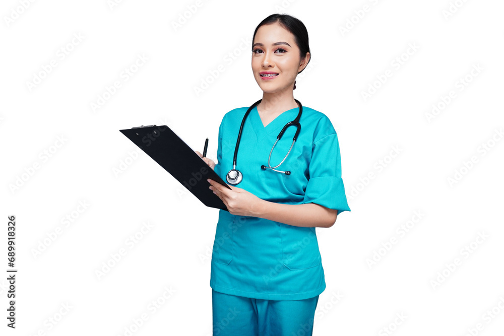Young female nurse writes patient list in black folder isolated transparent Young female nurse writes patient list in black folder isolated transparent