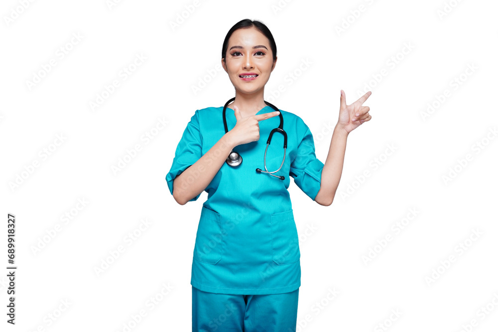 Beautiful medical worker smiles and points to the side isolated transparent