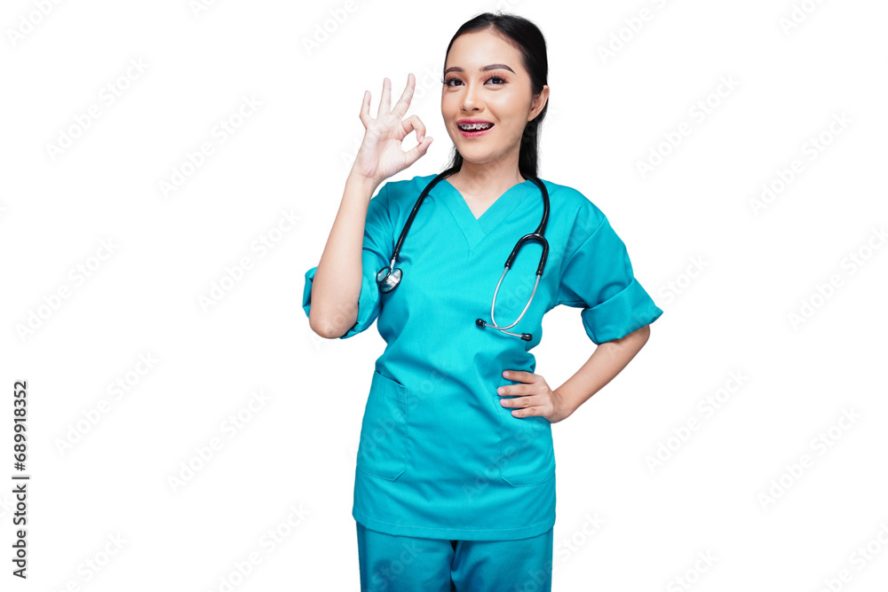 Beautiful young female nurse showing okay finger gesture isolated transparent Beautiful young female nurse showing okay finger gesture isolated transparent