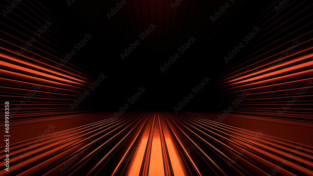 Sci Fi neon glowing lines in a dark tunnel. Reflections on the floor and ceiling. 3d rendering image. Abstract glowing lines. Technology futuristic background.