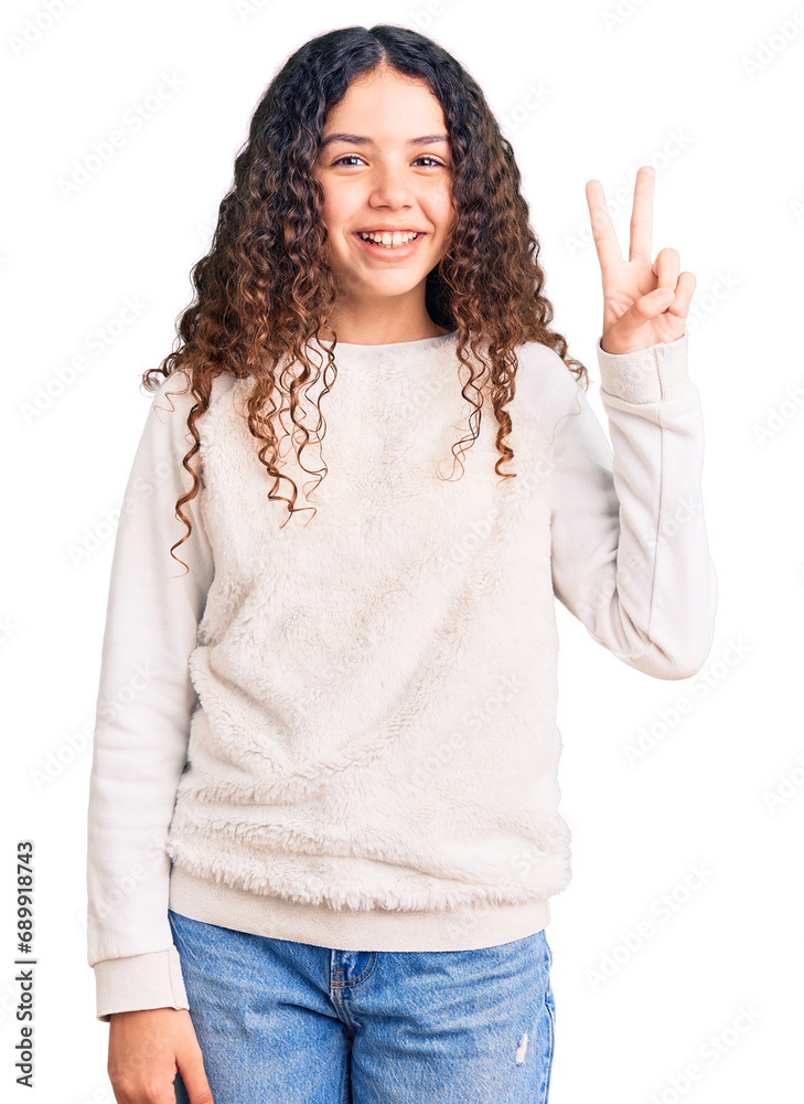 Beautiful kid girl with curly hair wearing casual clothes showing and pointing up with fingers number two while smiling confident and happy. Beautiful kid girl with curly hair wearing casual clothes showing and pointing up with fingers number two while smiling confident and happy.