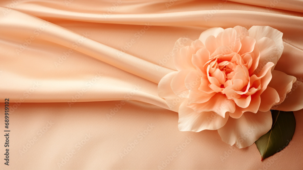 A pink flower sitting on top of a white sheet. Monochrome peach fuzz background.