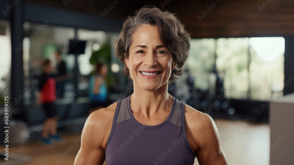 A woman in a purple tank top standing in a gym. A woman in a purple tank top standing in a gym.