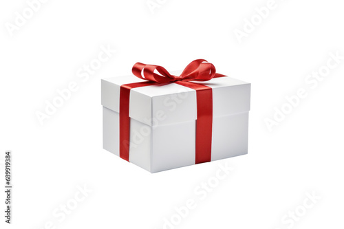 White gift box tied with red ribbon isolated on transparent background for graphic use.