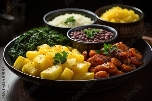 delicious brazilian food, many vegetables and meat photo