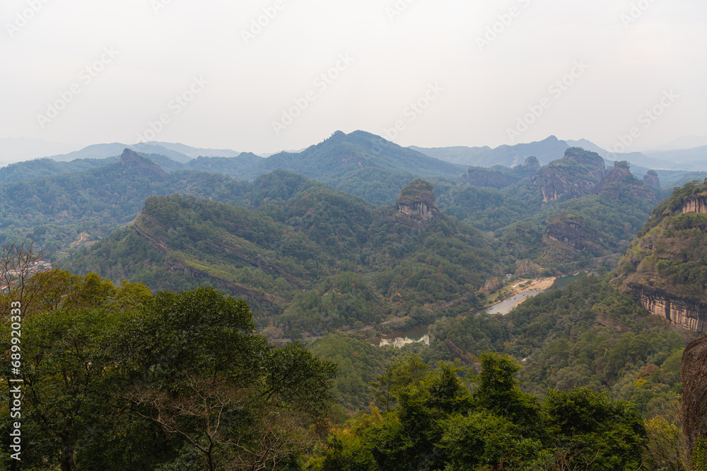 Close up view of the village by the river from Da Wang Shan Peak, Fujian, China