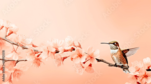 A hummingbird sitting on a branch of a cherry tree. Monochrome peach fuzz background. photo