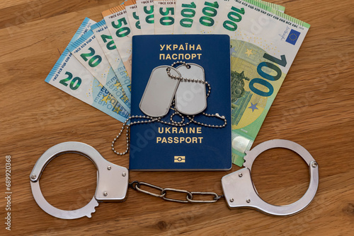 The Ukrainian's passport contains paper euros, handcuffs and an army medallion lie on a wooden table. photo