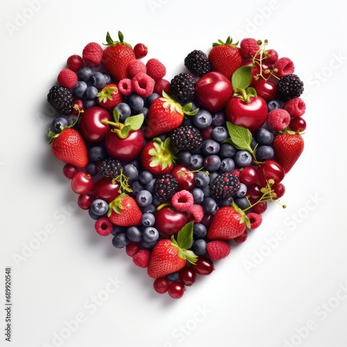 A heart shaped arrangement of berries and blueberries. Generative AI.