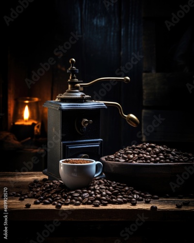 A coffee grinder is next to a bowl of coffee beans. Generative AI. photo
