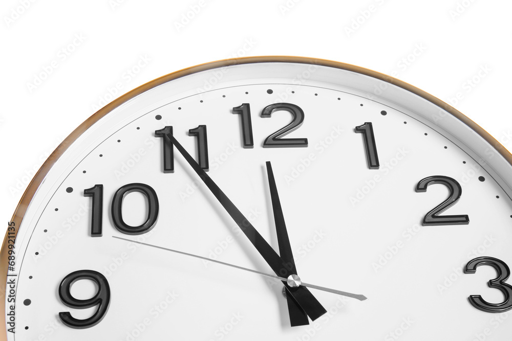 Clock showing five minutes until midnight on white background, closeup. New Year countdown Clock showing five minutes until midnight on white background, closeup. New Year countdown
