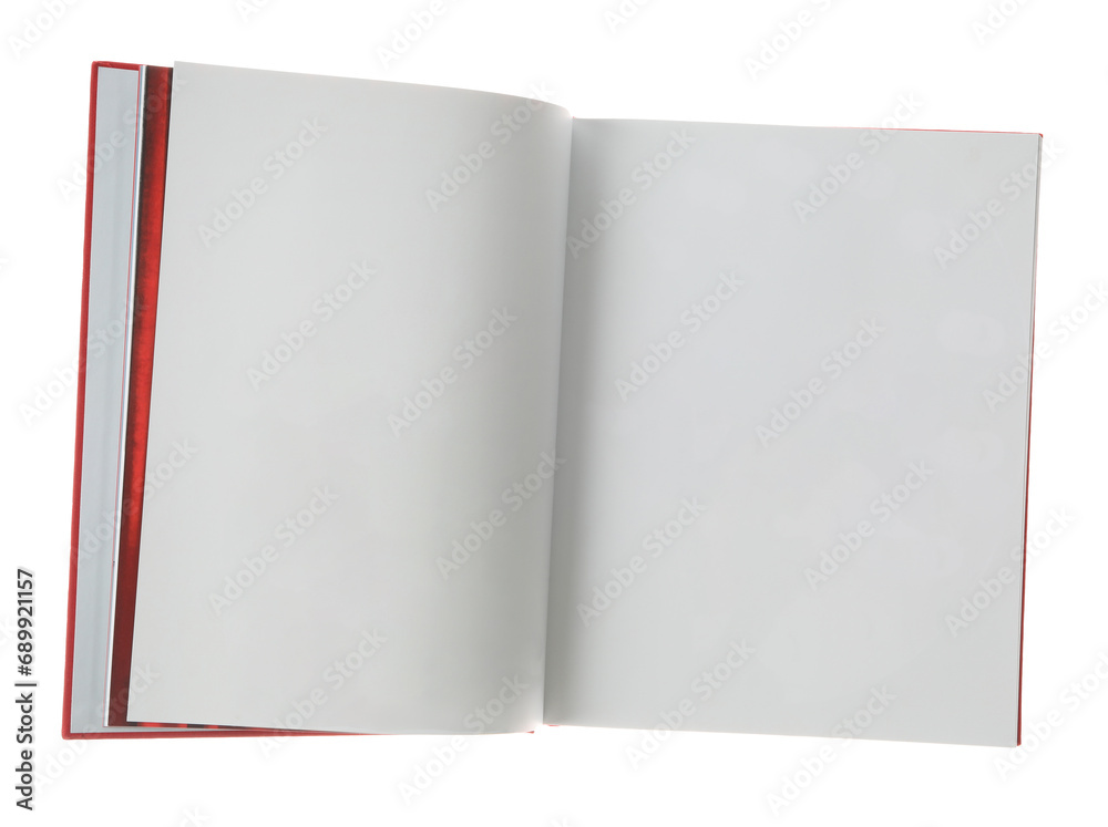 Open book with red cover on white background, top view. Mockup for design Open book with red cover on white background, top view. Mockup for design