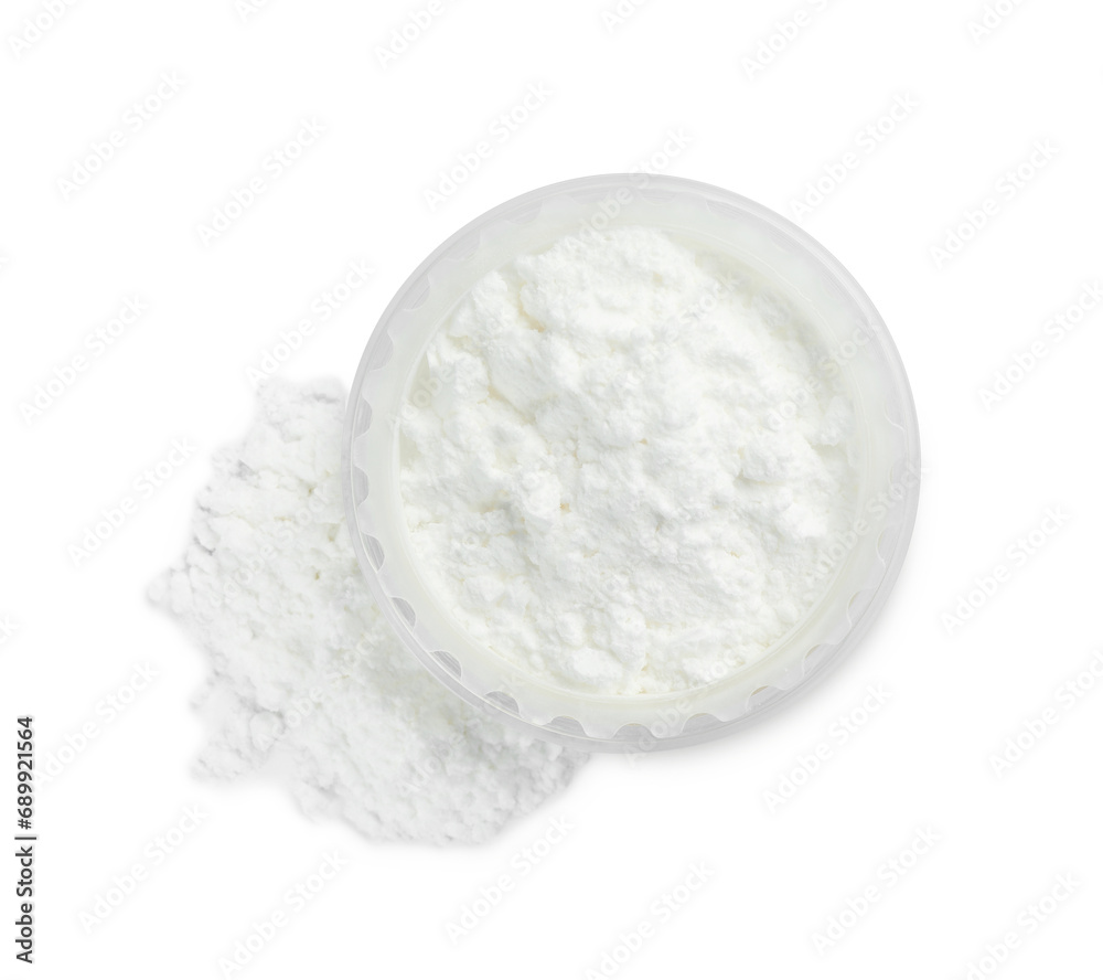 Rice face powder on white background, top view. Natural cosmetic