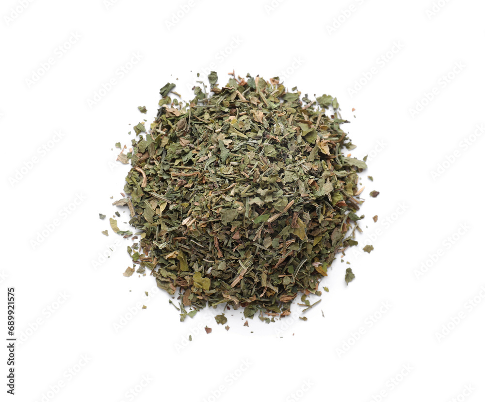 Heap of dried parsley isolated on white, top view Heap of dried parsley isolated on white, top view