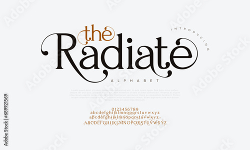 Theradiate premium luxury elegant alphabet letters and numbers. Elegant wedding typography classic serif font decorative vintage retro. Creative vector illustration