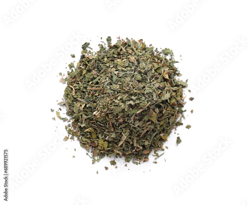 Heap of dried parsley isolated on white, top view