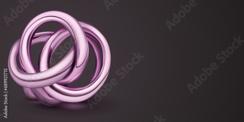 Illustration with purple abstract object made of interlaced tubes  curved and intertwined in the shape of a sphere  with shadows on a dark background