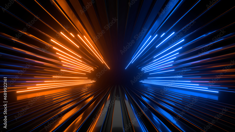 Sci Fi neon glowing lines in a dark tunnel. Reflections on the floor and ceiling. 3d rendering image. Abstract glowing lines. Technology futuristic background.