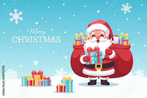 Smiling Santa Claus holding green gift box and red sack on sky blue background with snowflakes, presents lying around on the snow ground. Merry Christmas greeting card vector illustration.