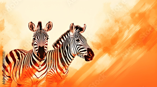 A couple of zebra standing next to each other. Monochrome peach fuzz background.