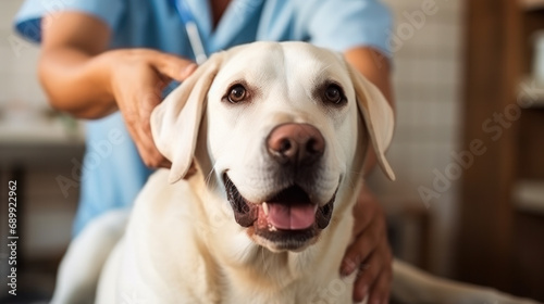 Portrait of big white dog lying on examination table in clinic with unrecognizable veterinarian.
