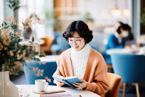 A portrait of a beautiful and happy young Asian woman enjoys reading a book at a cafe. Lifestyle concept