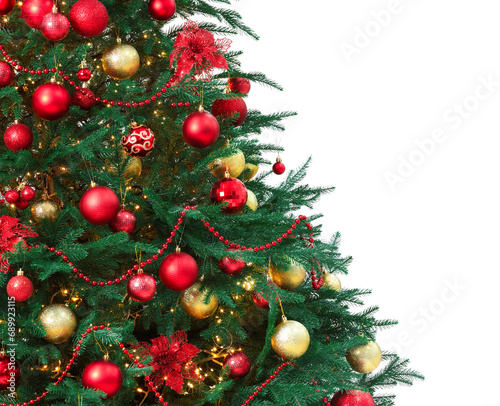 Beautiful Christmas tree decorated with ornaments and garland isolated on white