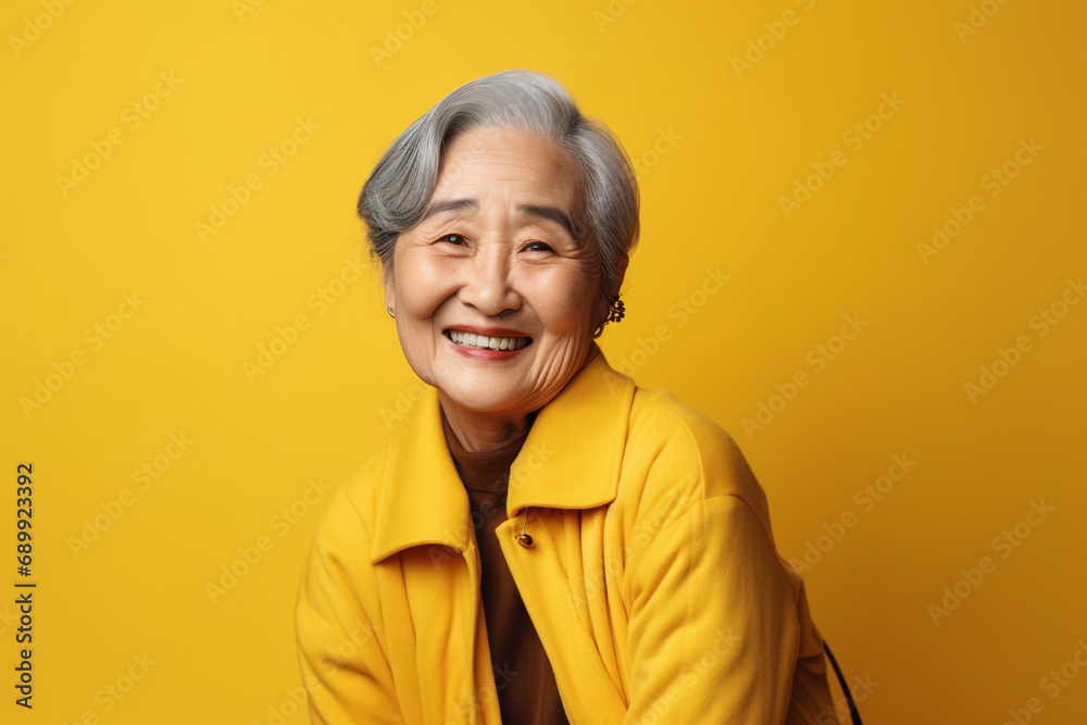Portrait of a happy smiling asian senior woman isolated on yellow background. High quality photo Portrait of a happy smiling asian senior woman isolated on yellow background. High quality photo