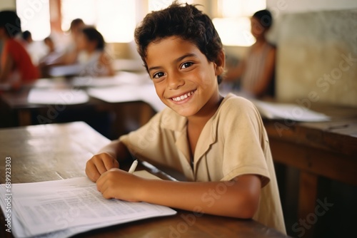 refugee boy sitting at a desk in a language school