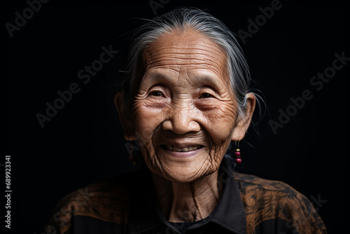 Portrait of a happy smiling asian senior woman isolated on a black background. High quality photo
