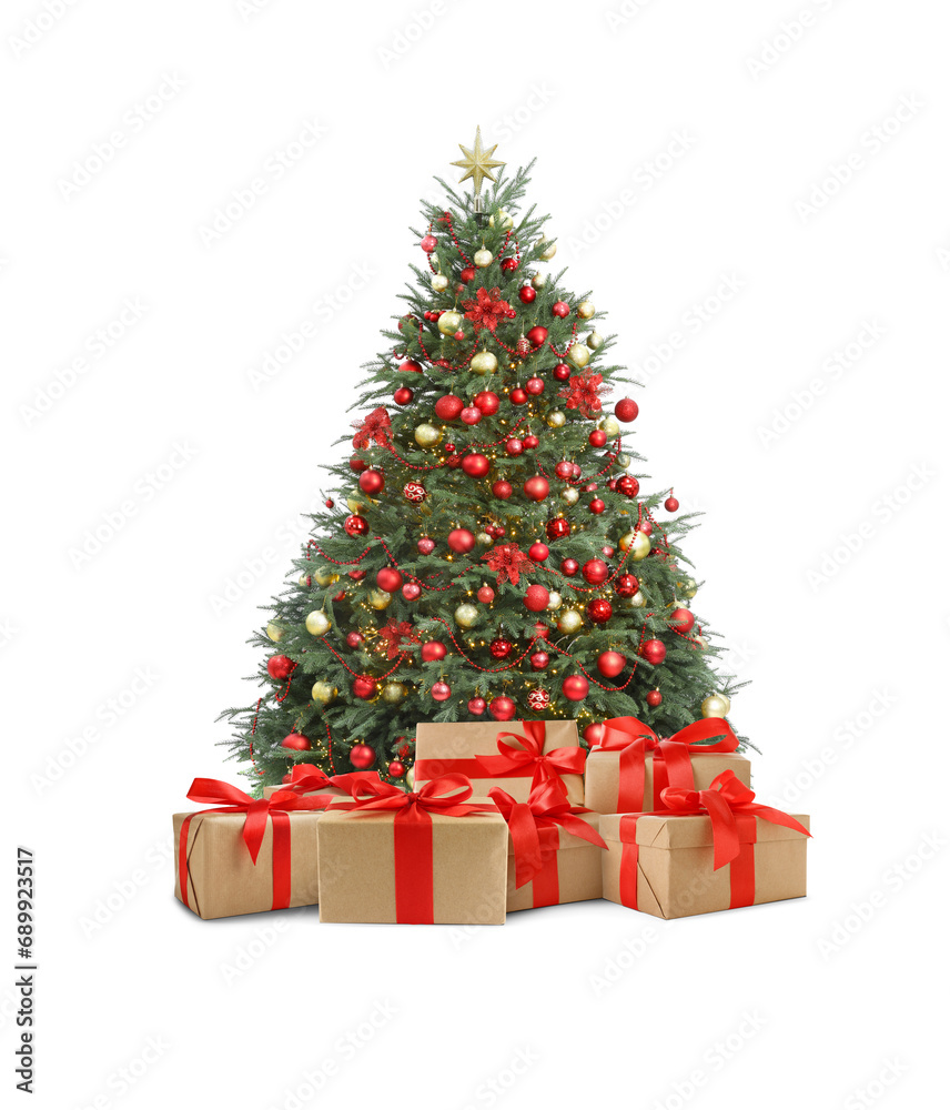 Beautiful Christmas tree with many gift boxes under on white background