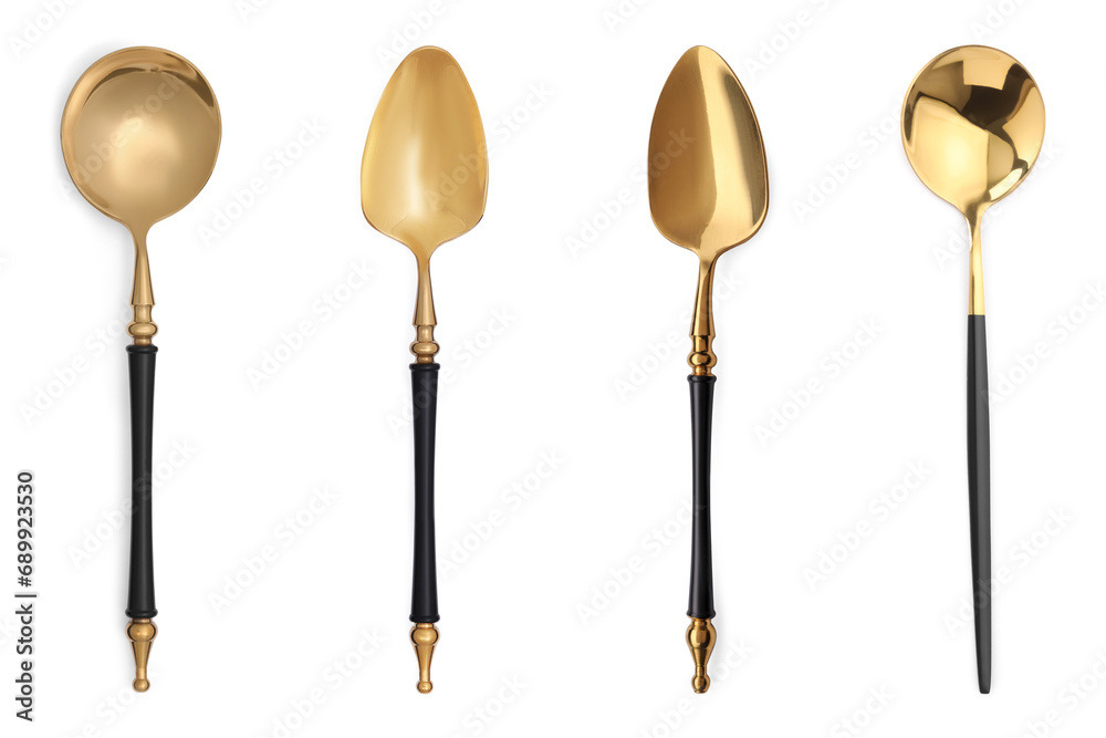 Different stylish golden spoons on white background Different stylish golden spoons on white background