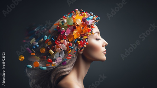 A woman with lots of pills on her head.
