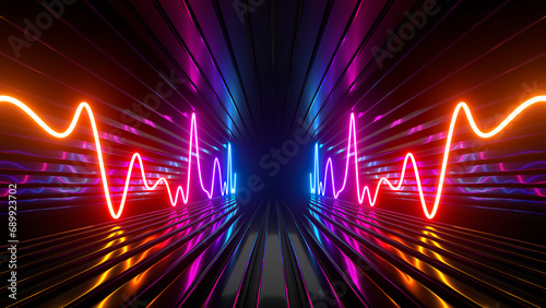 Fototapeta Naklejka Na Ścianę i Meble -  Sci Fi neon glowing lines in a dark tunnel. Reflections on the floor and ceiling. 3d rendering image. Abstract glowing lines. Technology futuristic background.
