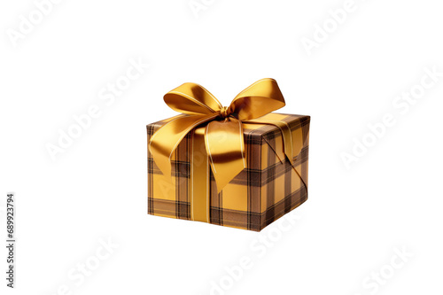 Plaid gift box tied with gold ribbon isolated