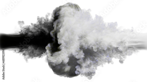 Puffs of black and grey smoke collide against a white background. 3d illustration.  photo