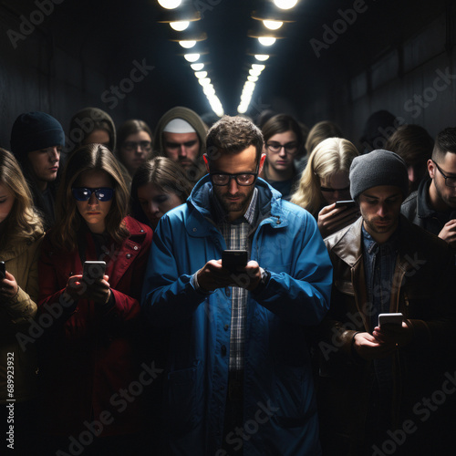 Large crowd of people in an underground subway corridor path staring at their smart phones