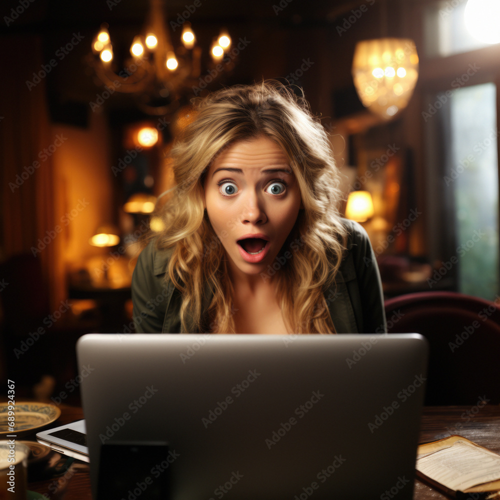 Young woman stares in shock and surprise art her laptop computer screen Young woman stares in shock and surprise art her laptop computer screen