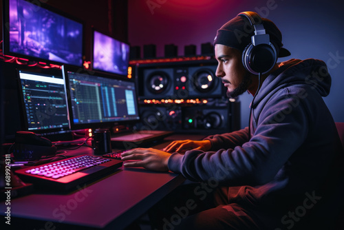 Man wearing headphones edits video and music on a computer in a studio