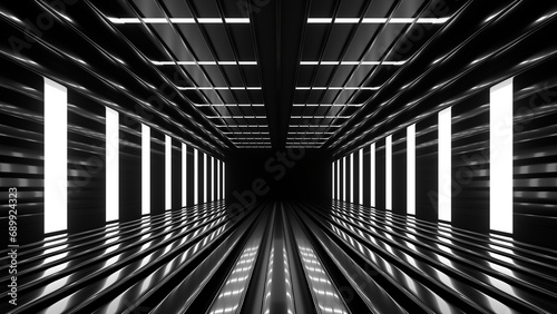 Fototapeta Naklejka Na Ścianę i Meble -  Sci Fi neon glowing lines in a dark tunnel. Reflections on the floor and ceiling. 3d rendering image. Abstract glowing lines. Technology futuristic background.